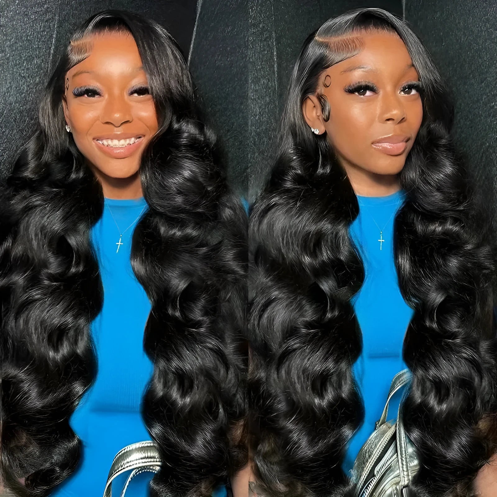 Black chemical fibre wig with big wave texture and lace front construction