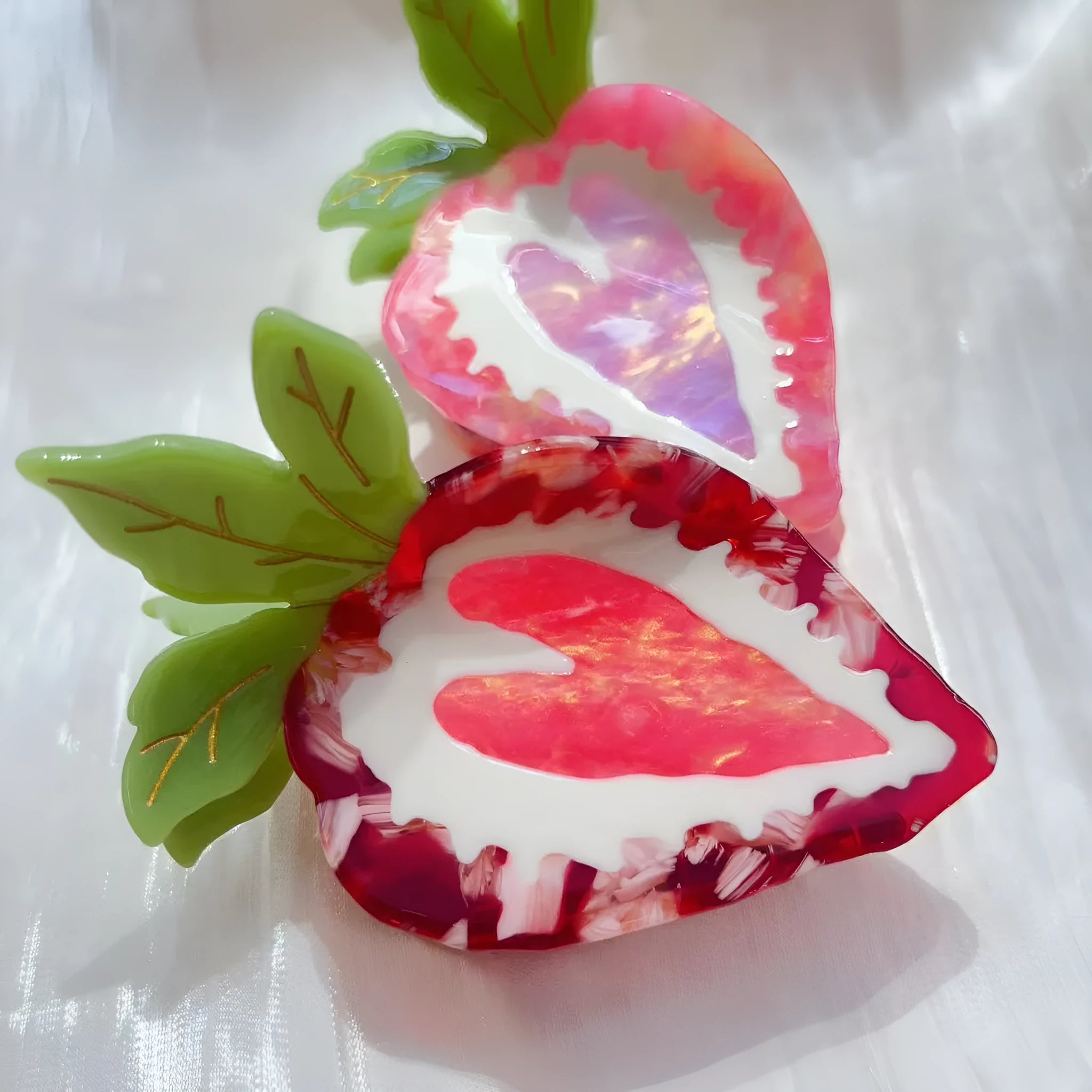 Red and pink pastoral strawberry design girls' hairpin, handcrafted hair clip.