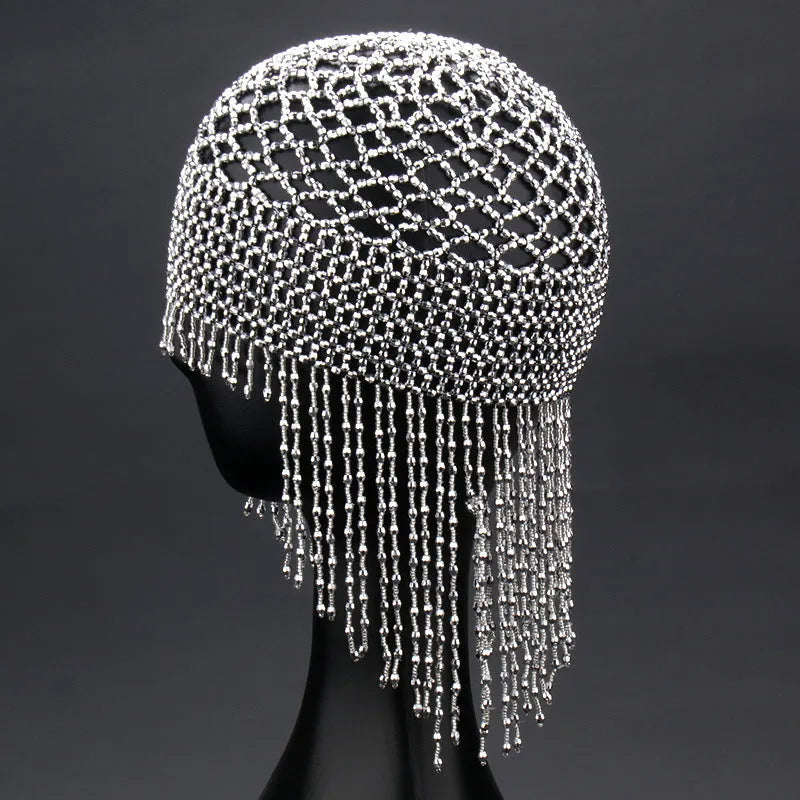 Alloy belly dance headwear with handmade beaded mesh decorative design and tassel