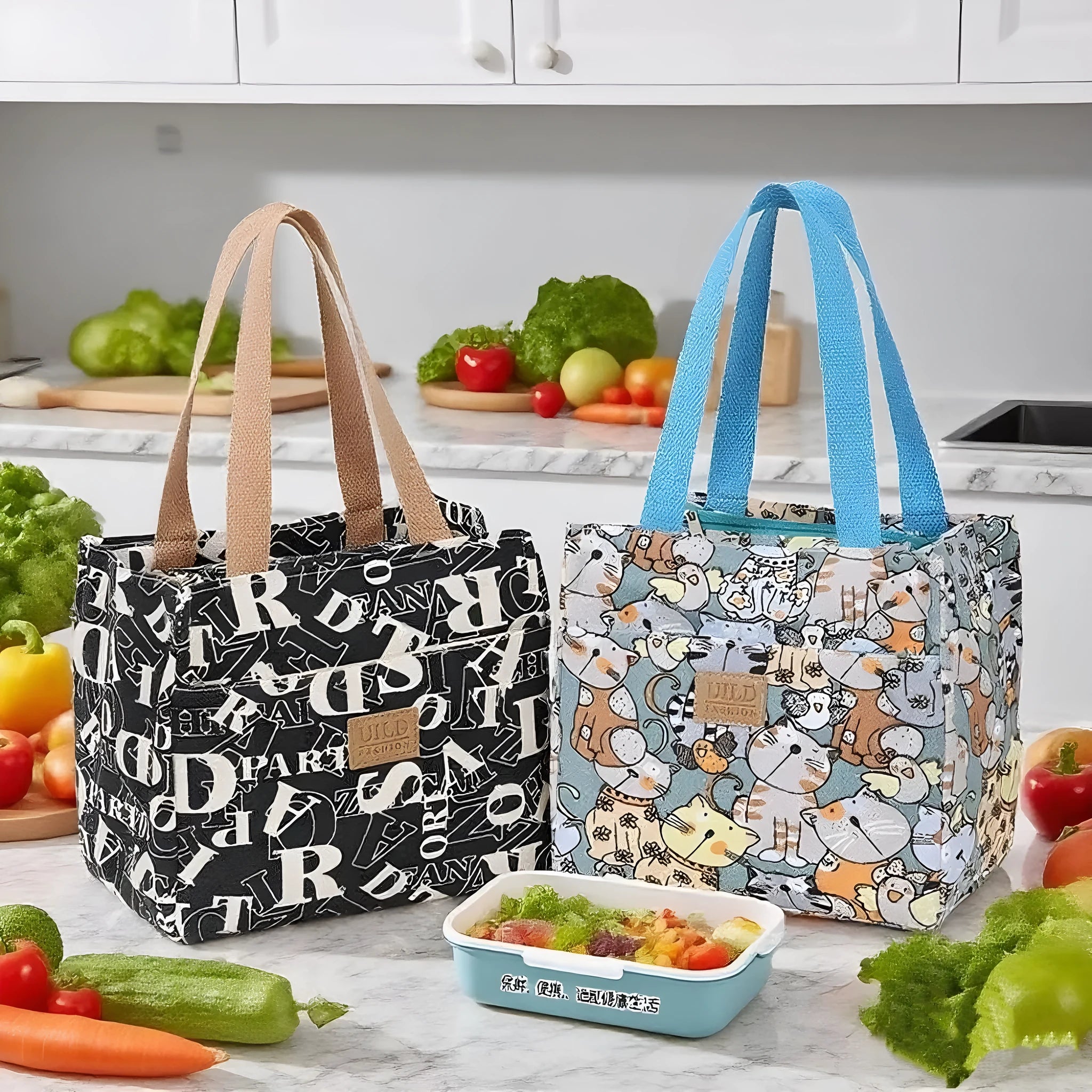 Women's square canvas handbag with aluminium frame in floral, cat and letter printed designs