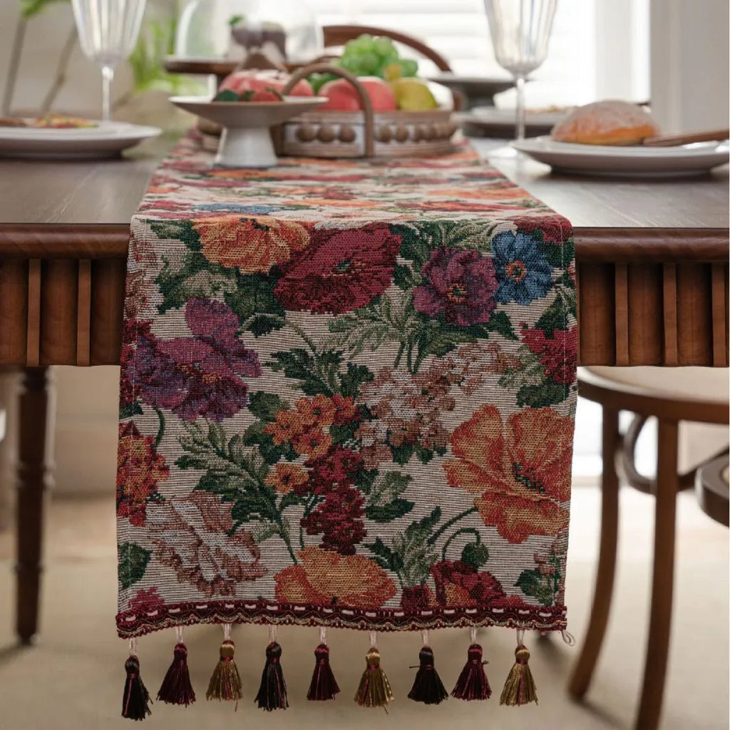 American-style beige jacquard table runner with floral pattern and long tassel trim decoration