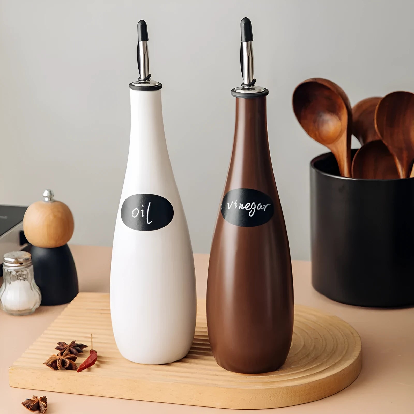 Ceramic kitchen oil pot with funnel and brush in black, coffee, or white colour, 650ml capacity.