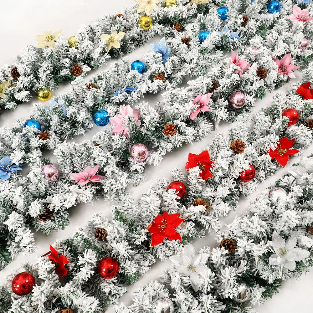Flocked PVC Christmas rattan garland with 240 colourful heads draped over a mantelpiece