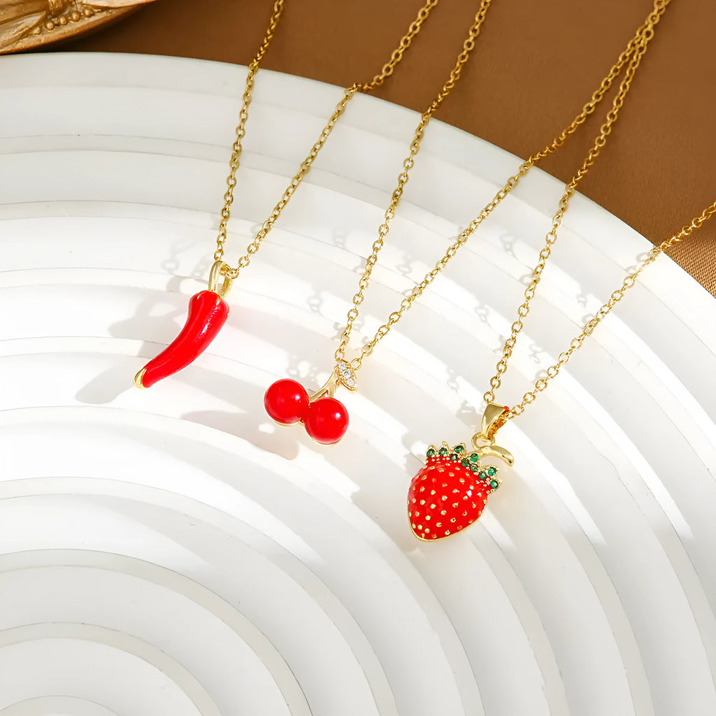 Titanium steel necklace with delicate cherry strawberry pepper charm on O-ring chain