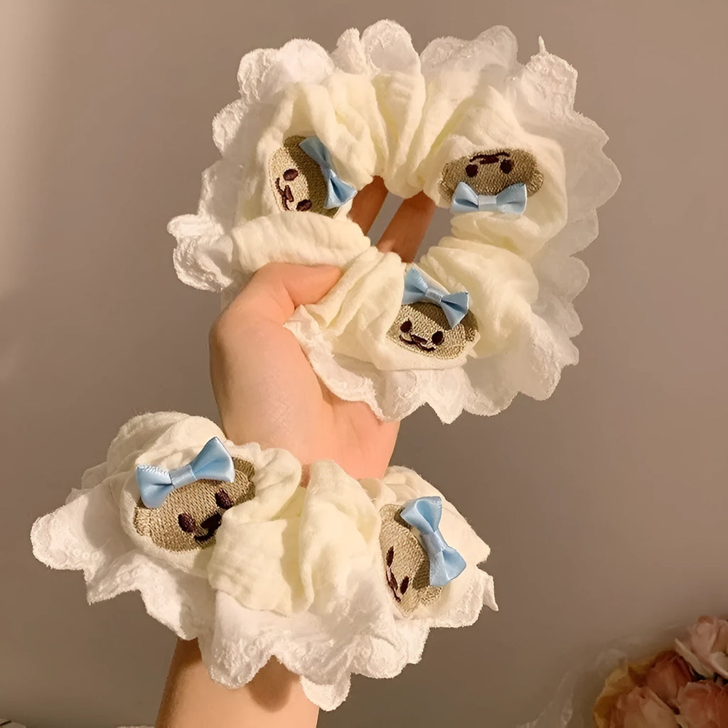 Blue bear-themed large intestine hair ring with bow decoration and elastic headband for hairstyling