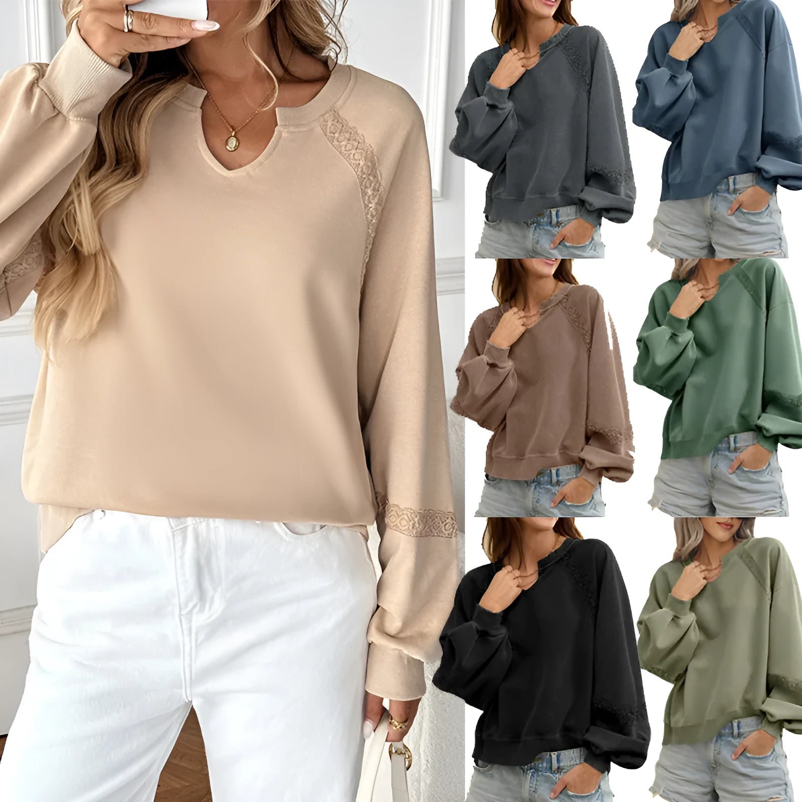 Women's loose fit long sleeve sweater with a half-open collar featuring lace stitching detail, shown in a solid colour.