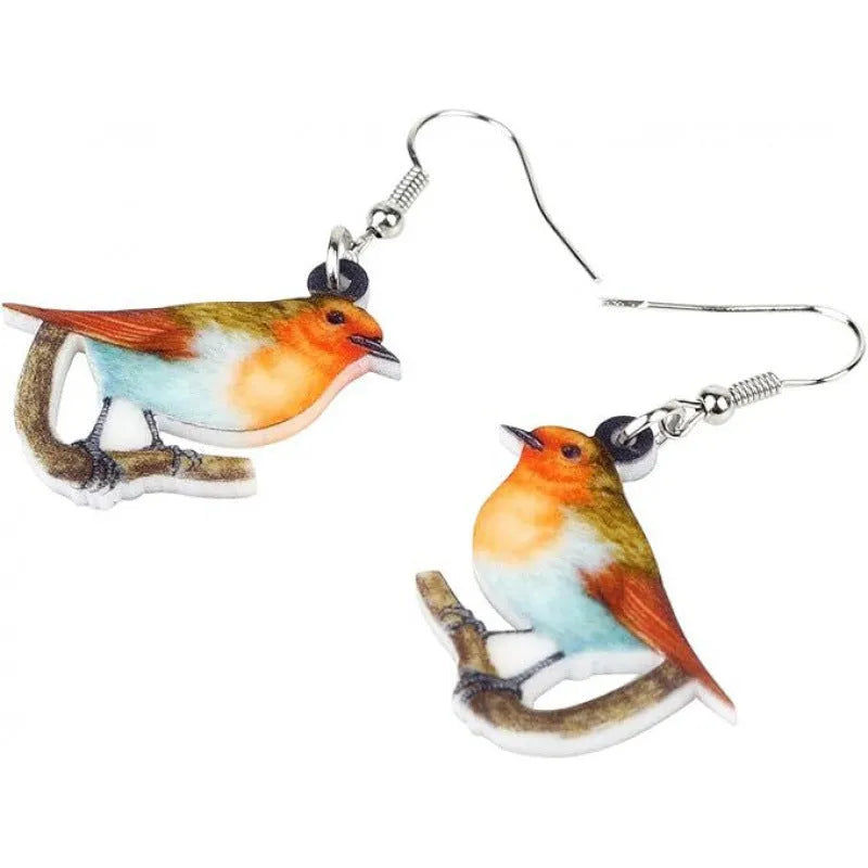 A pair of geometric acrylic earrings with a printed Blue Titmouse bird design in two colour options.