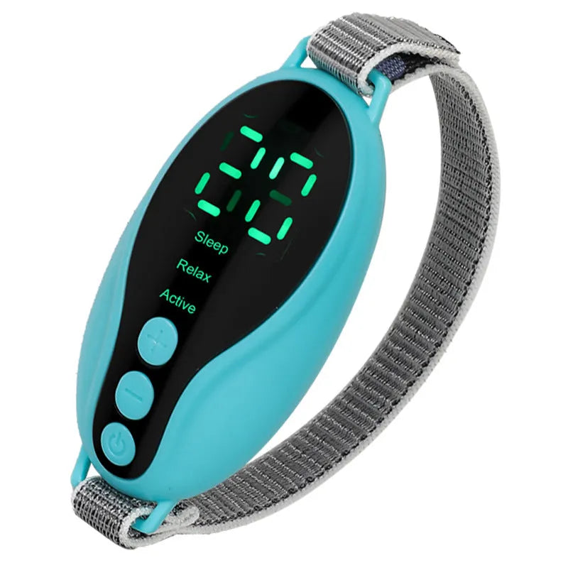 Intelligent sleeping aid instrument in white and blue, compact USB rechargeable with timer and adjustable fan