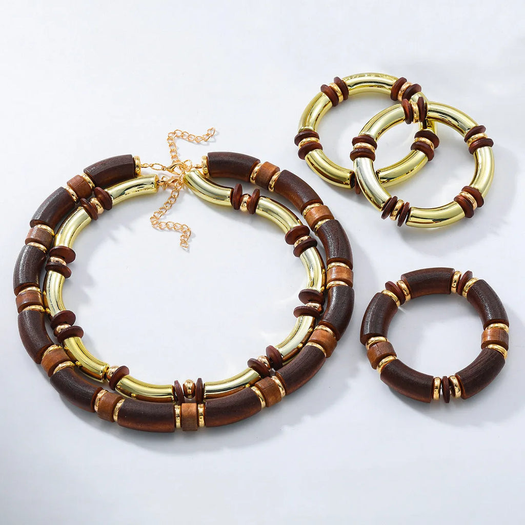 Women's multi-layer wooden necklace and bracelet set in European exaggerated style with alloy chain