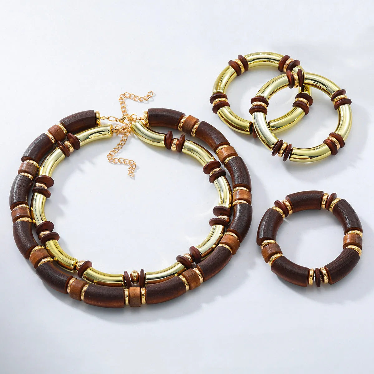 Women's multi-layer wooden necklace and bracelet set in European exaggerated style with alloy chain