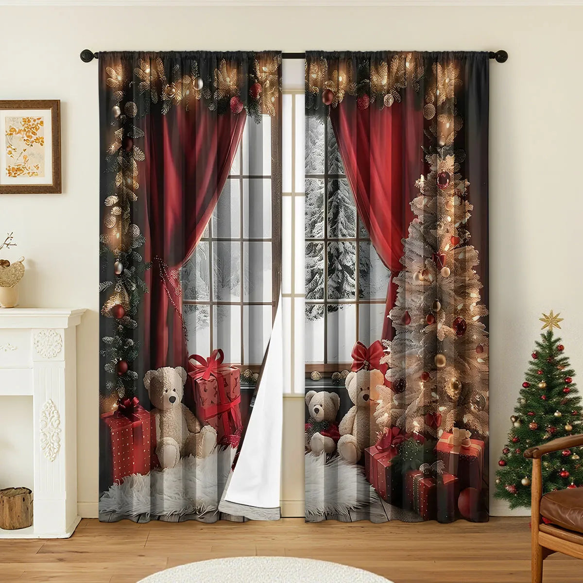 Pair of 3D digitally printed Christmas style curtains with European patterns on polyester fabric