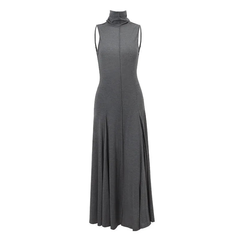 Grey cotton half turtleneck backless dress with slim fit and high waist design
