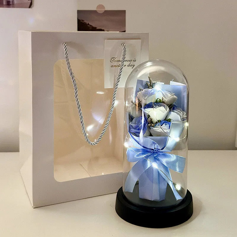 High-end bionic bouquet in light pink tote bag with realistic petals and forming process