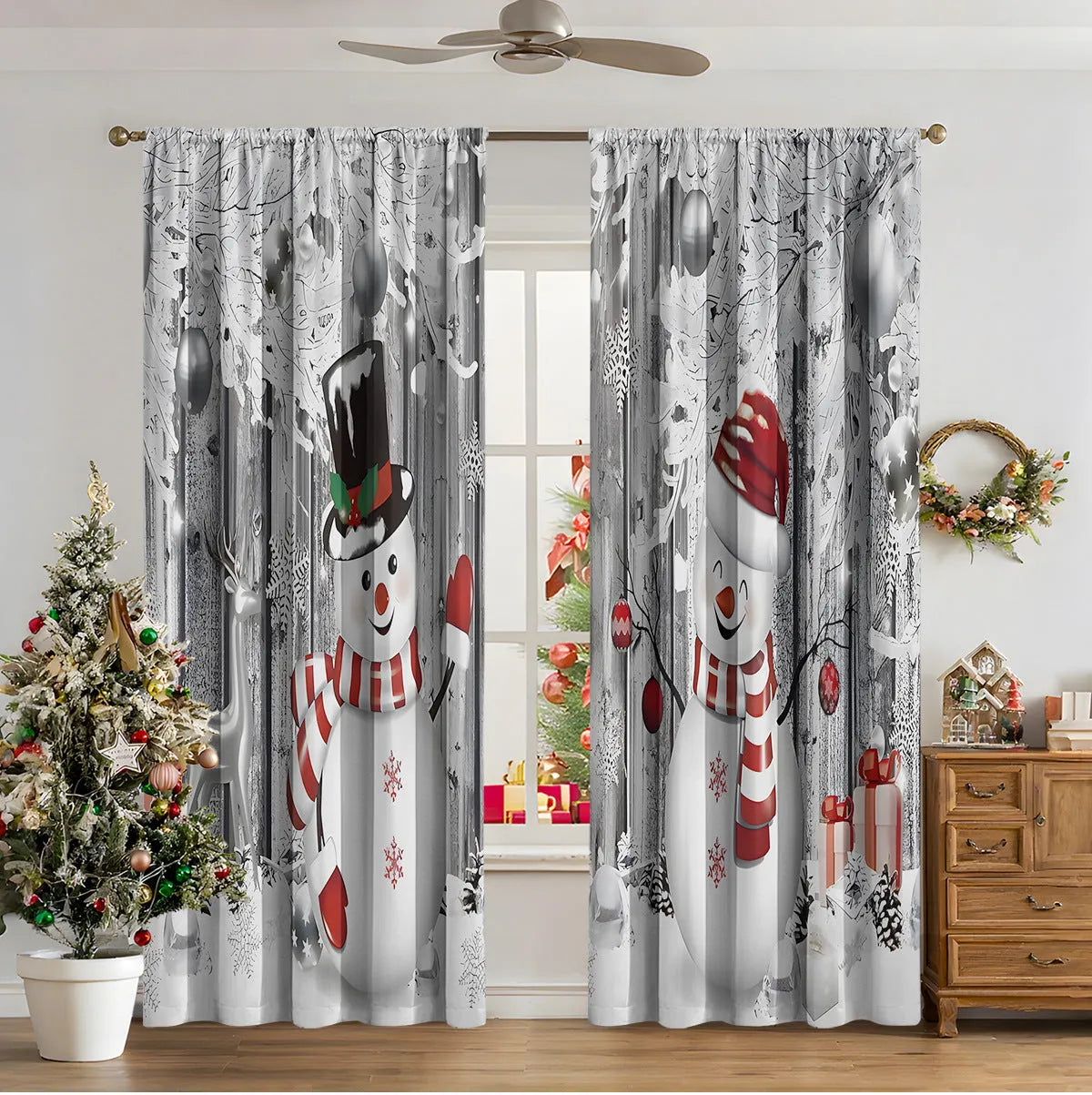 Pair of 3D digitally printed Christmas curtains in a modern European style pattern, hanging at a window.