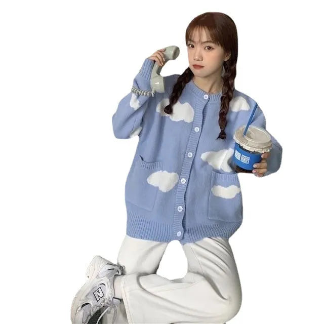 Blue cloud pattern women's spandex cardigan sweater with loose fit and long sleeves