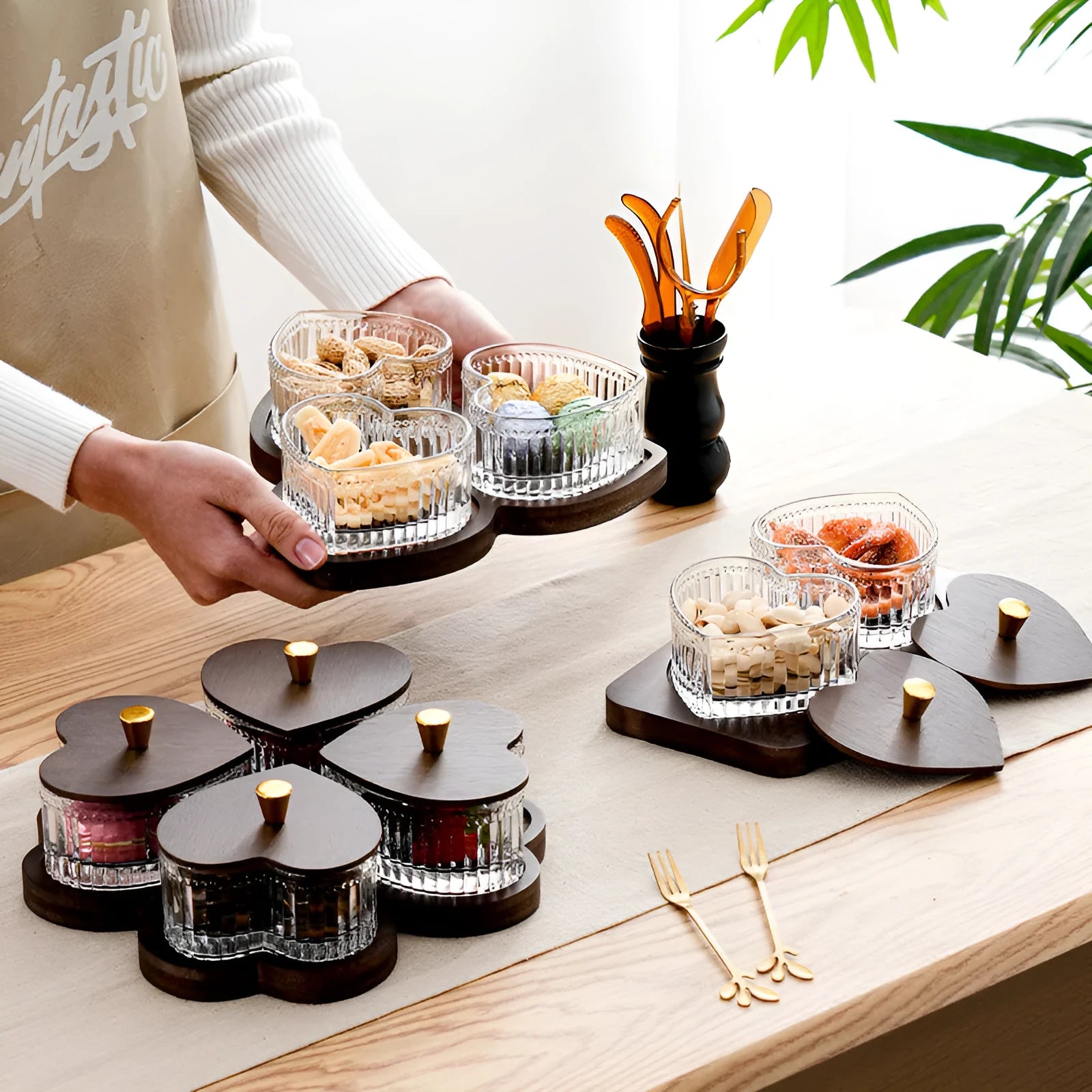 Glass fruit platter with transparent heart-shaped lid in retro style for foot bath hotels