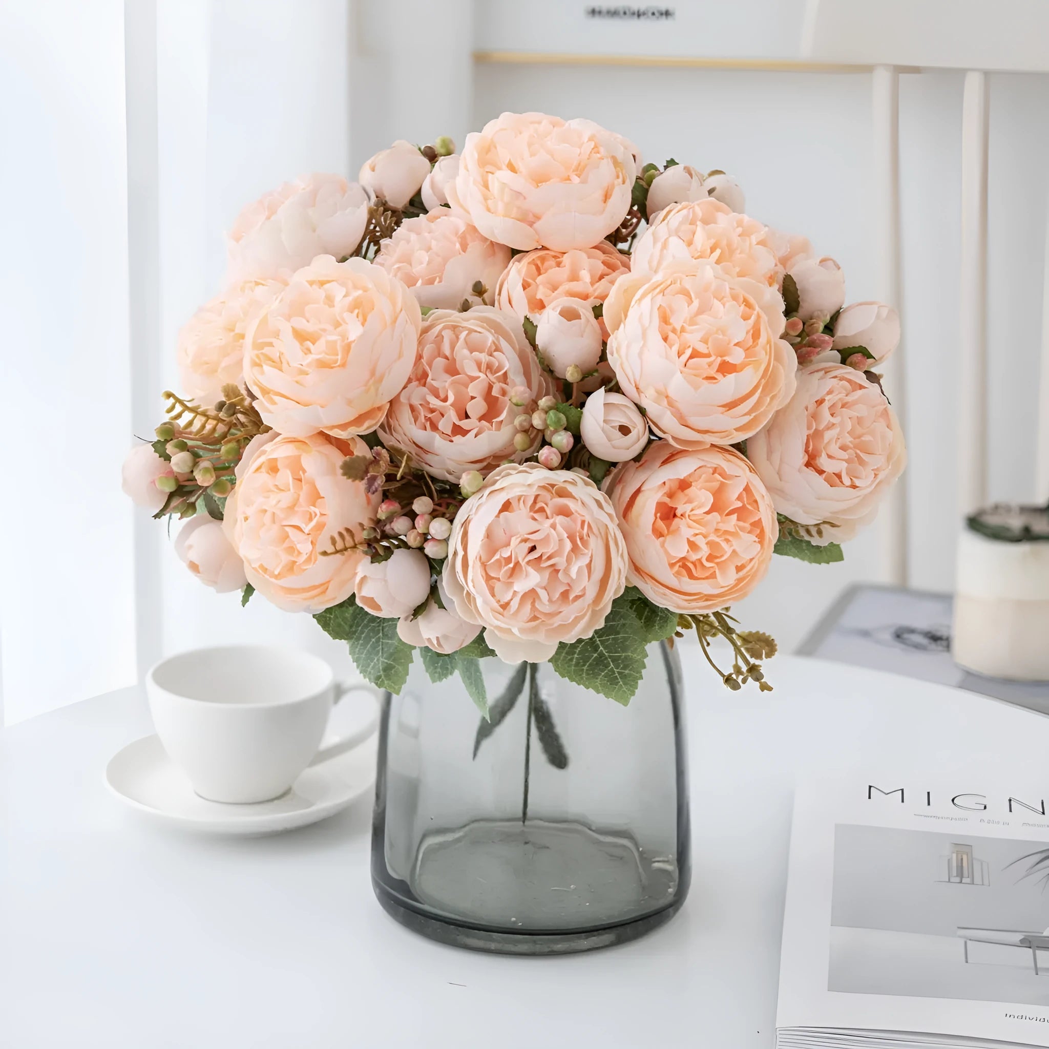 Silk artificial peony flower bouquet in champagne, pink, purple, sand red, or white for decoration.