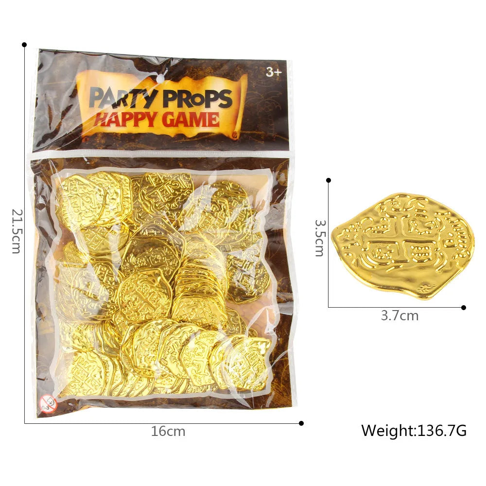Set of 100 gold, silver and bronze coloured plastic replica Roman coins scattered on a surface.