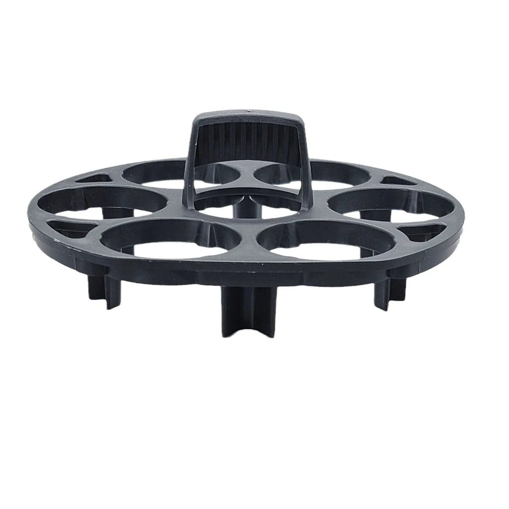 Black plastic egg holder rack with individual compartments measuring 13.8cm wide