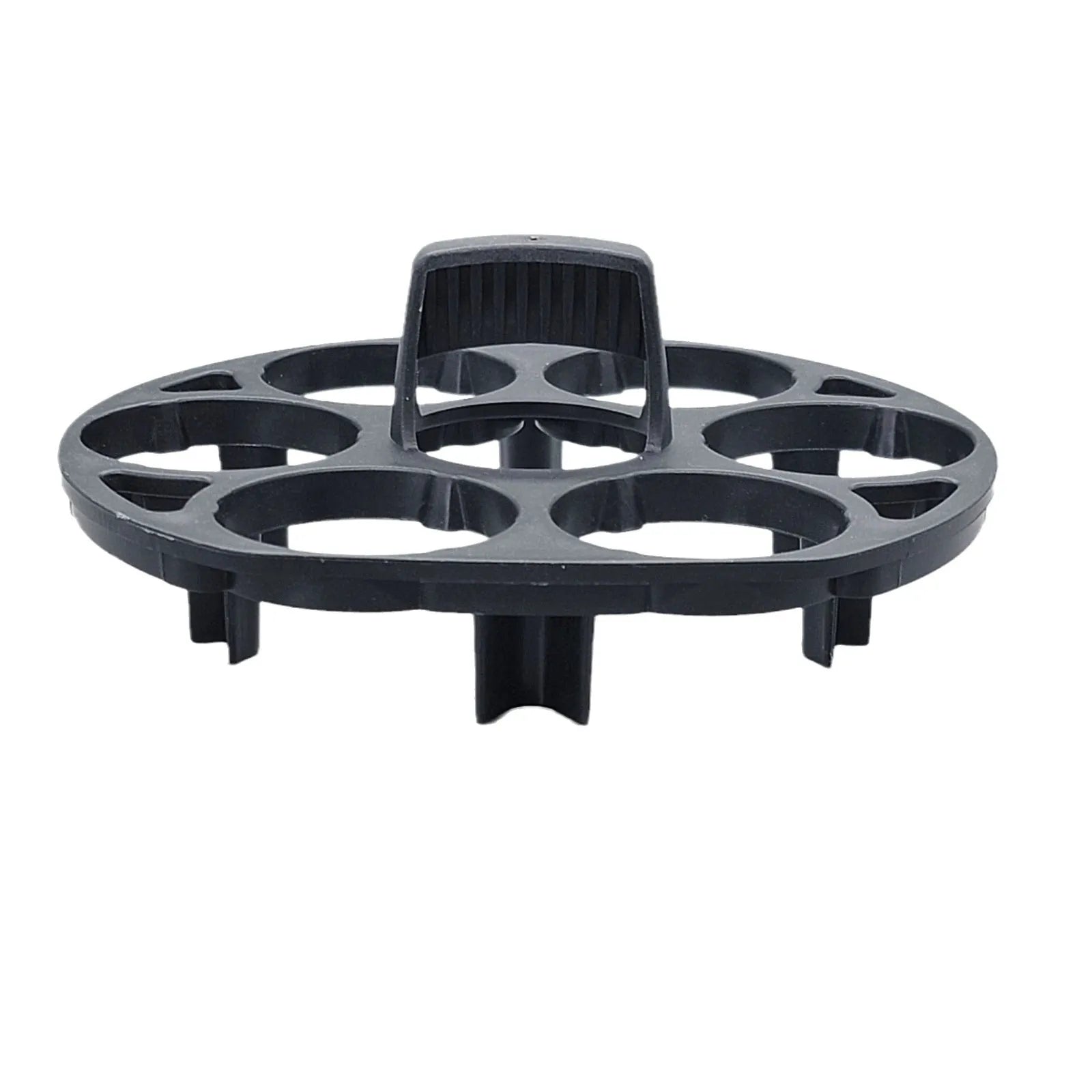 Black plastic egg holder rack with individual compartments measuring 13.8cm wide