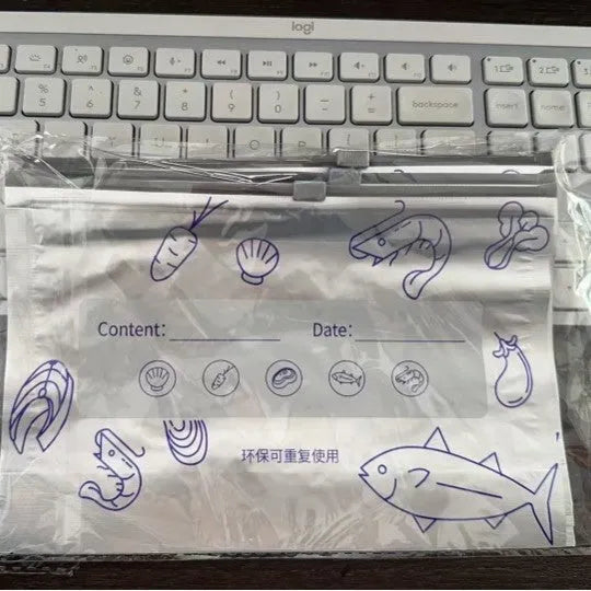 Set of resealable aluminium foil fresh-keeping bags in small, medium, and large sizes on a kitchen counter.