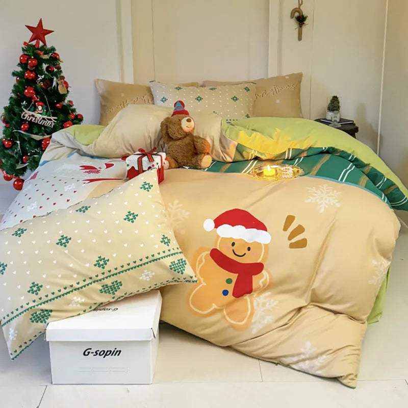 Super soft washed cotton four-piece bedding set with Christmas cartoon pattern