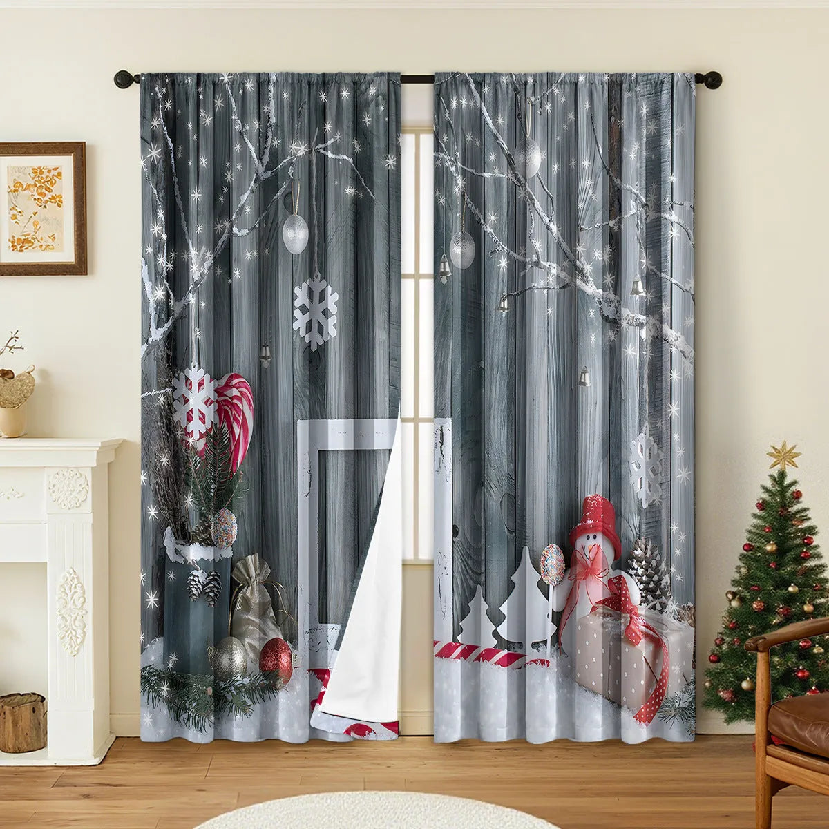 Pair of 3D digitally printed Christmas style curtains with European patterns on polyester fabric