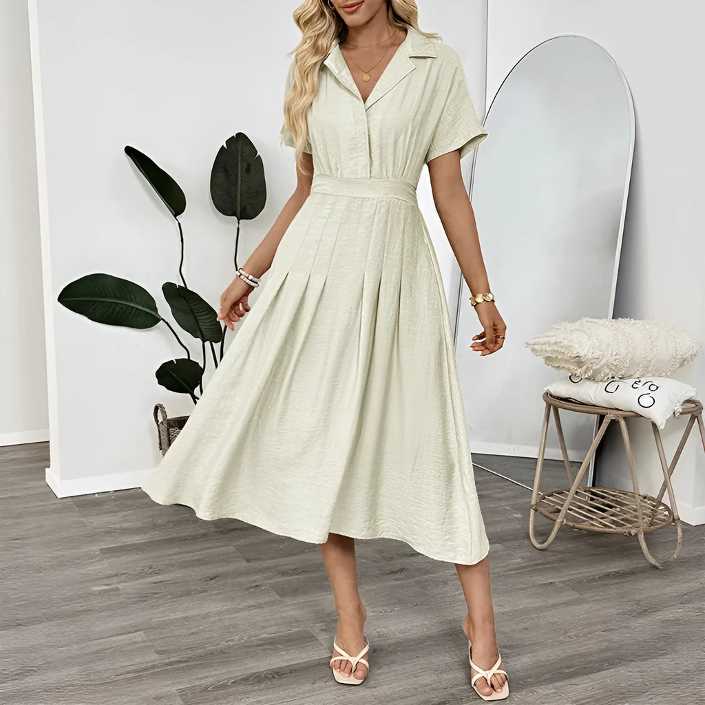 Light green twill lapel pocket shirt dress with waist tight skirt and splicing design for commute