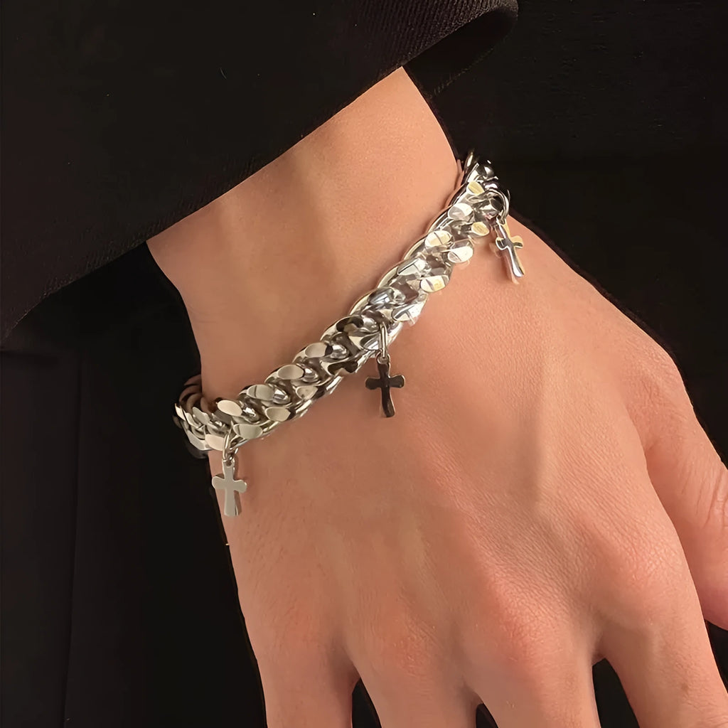 Men's geometric cross bracelet in titanium steel with a cold wind style design.