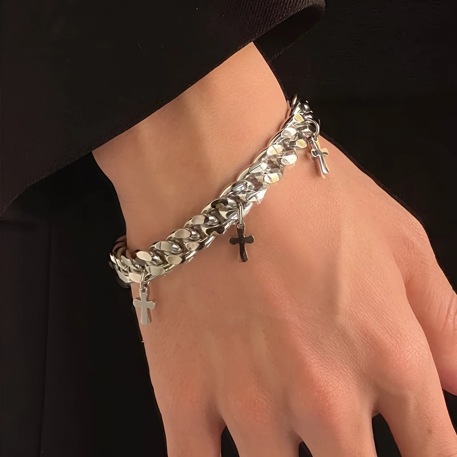 Men's geometric cross bracelet in titanium steel with a cold wind style design.