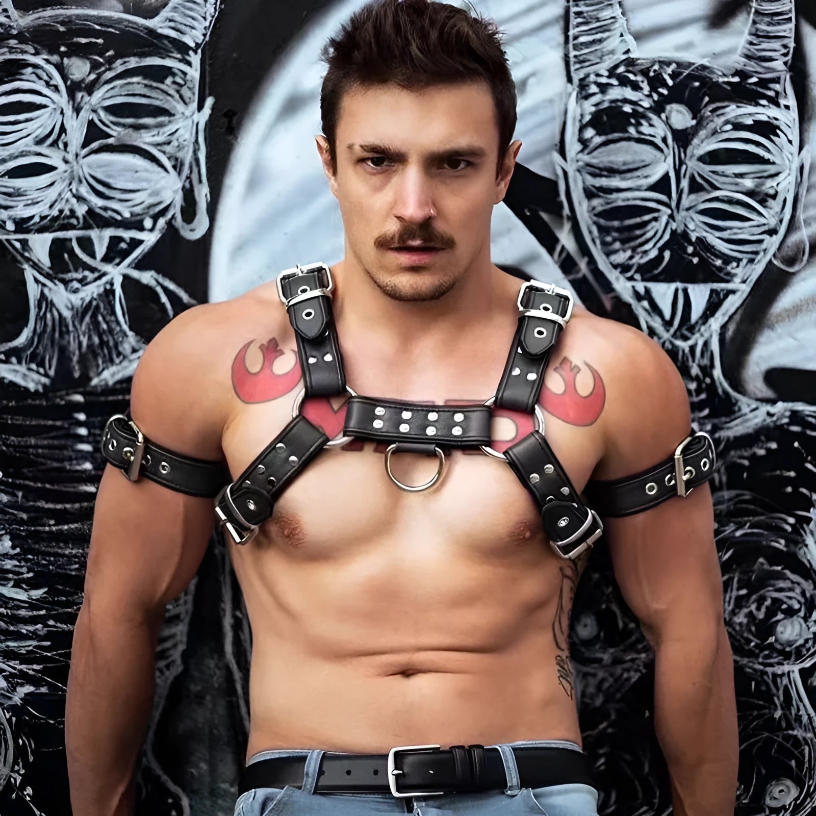 Black leather chest harness with adjustable shoulder straps and metal buckle fastenings