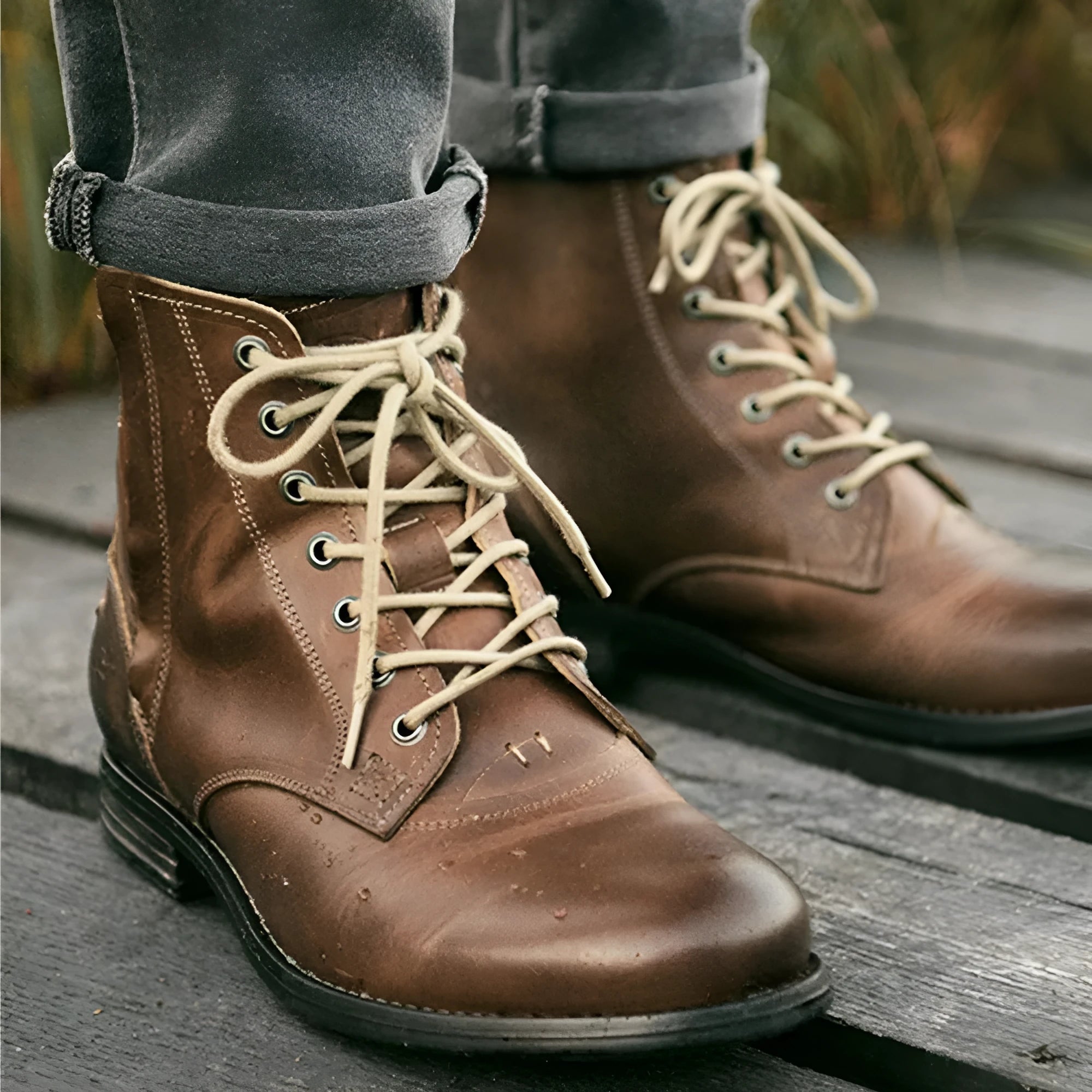 Black and brown two-tone men's leather boots with a side zipper, shown on a white background.