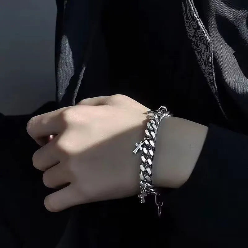 Men's geometric cross bracelet in titanium steel with a cold wind style design.