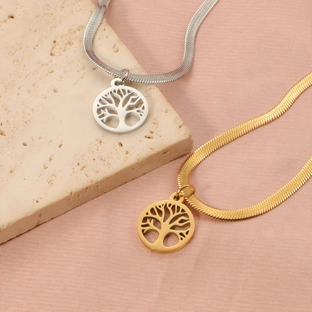 Stainless steel lucky tree pendant necklace on snake bone chain with adjustable 51-60cm length