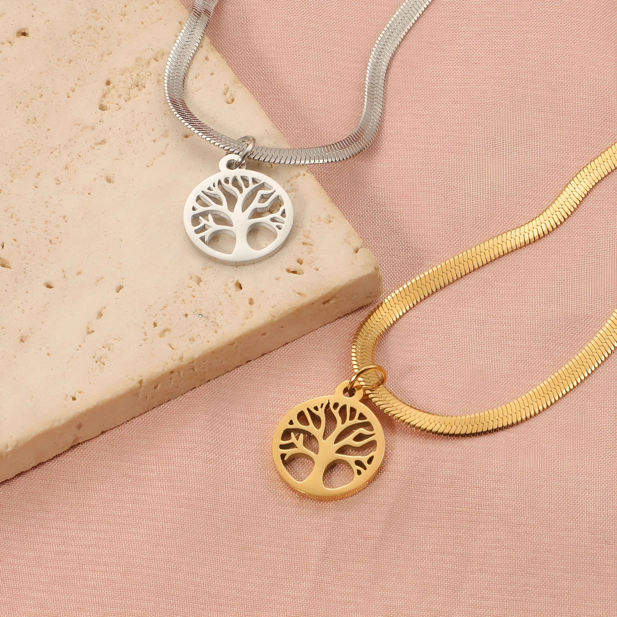 Stainless steel lucky tree pendant necklace on snake bone chain with adjustable 51-60cm length