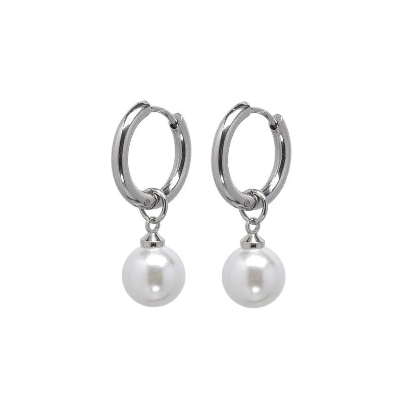 Women's geometric pearl earrings with alloy construction and titanium steel components