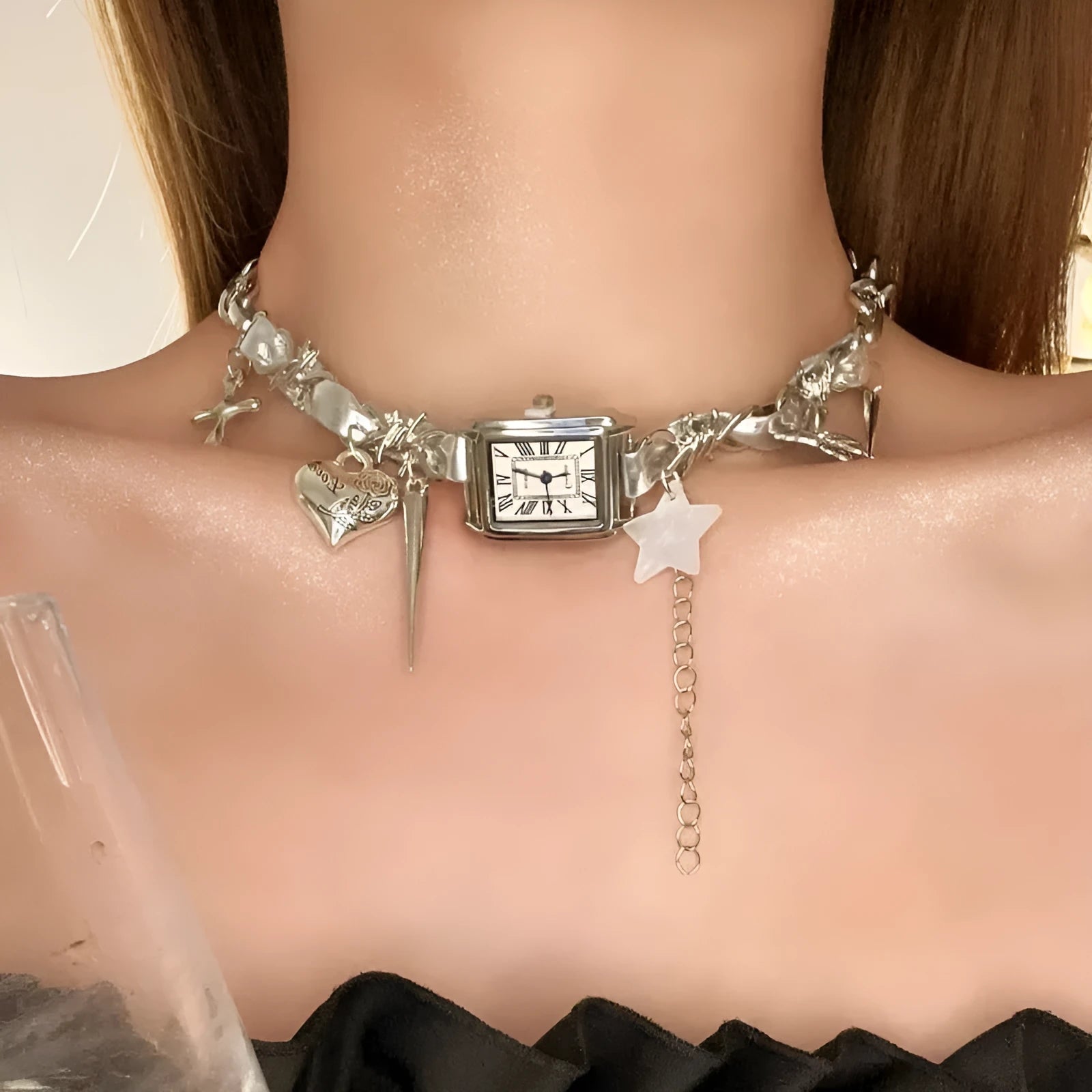 Dark style multi-layer cross necklace with twin clavicle chains and adjustable 41-50cm fit