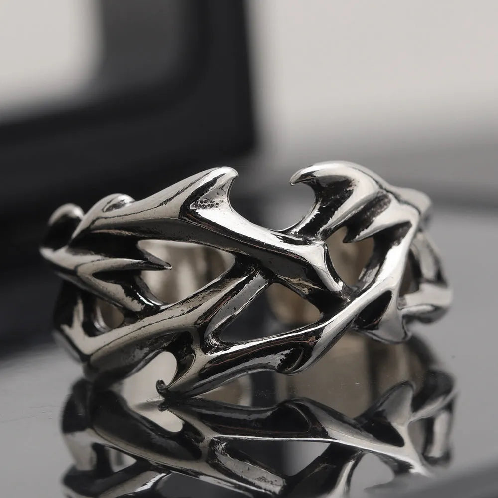 Copper thorn flower ring with adjustable opening in geometric design