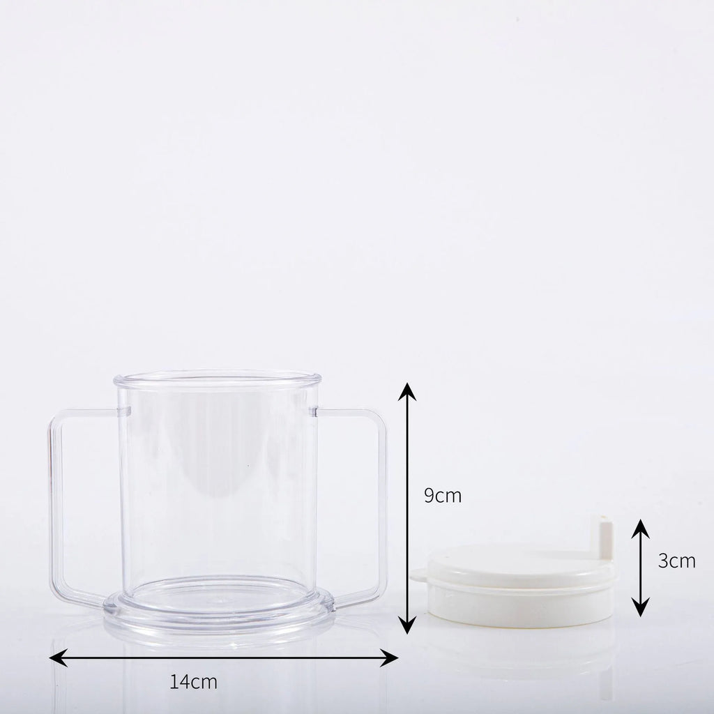 Transparent spill-proof drinking cup with modern design showing 14cm height