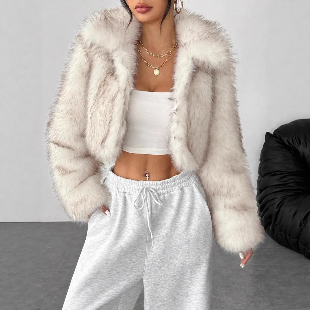 Artificial fur coat with faux fox fur collar in short 40cm length available in multiple colour options