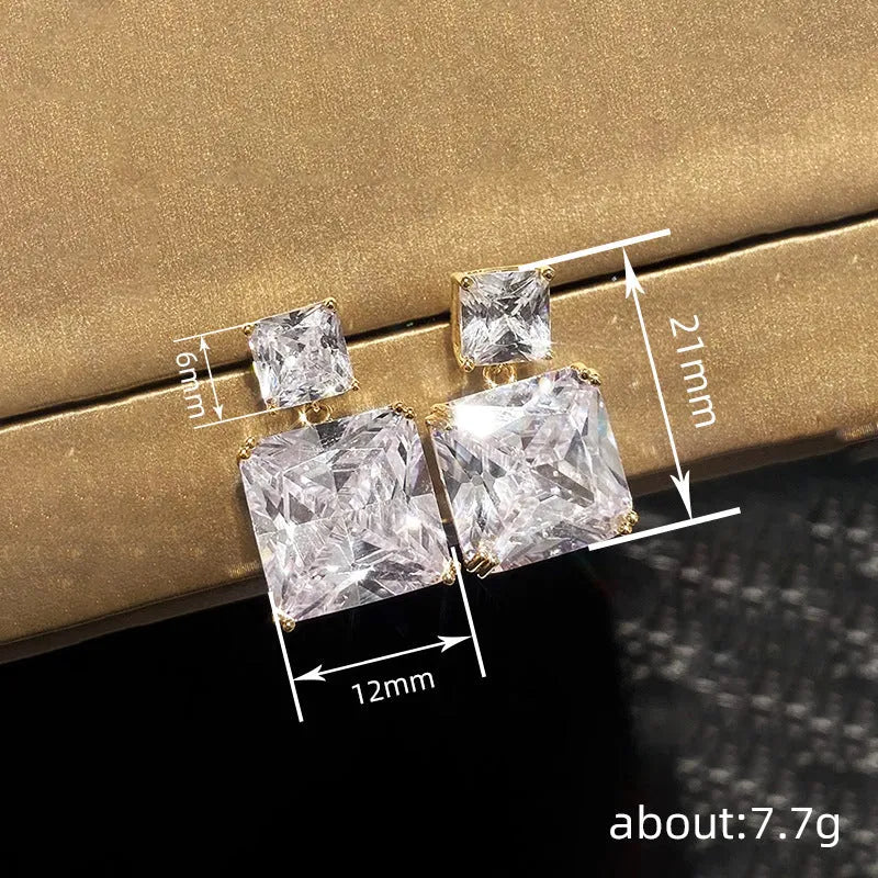 Geometric square design copper earrings with quadrilateral ornament details in white gold or gold colour