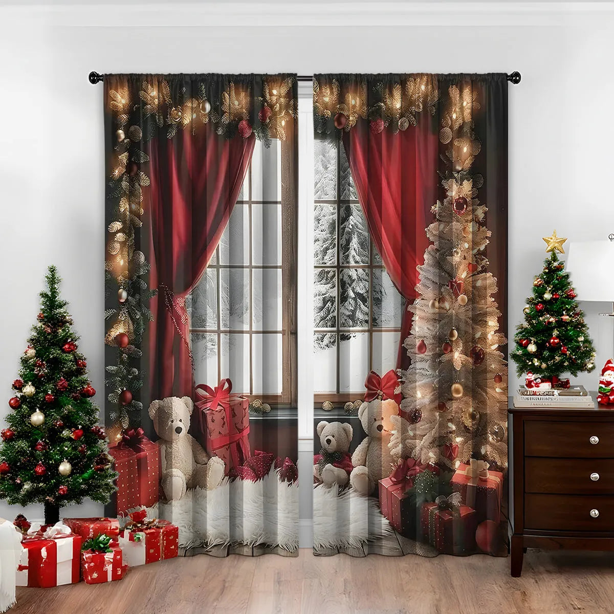 Pair of 3D digitally printed Christmas style curtains with European patterns on polyester fabric