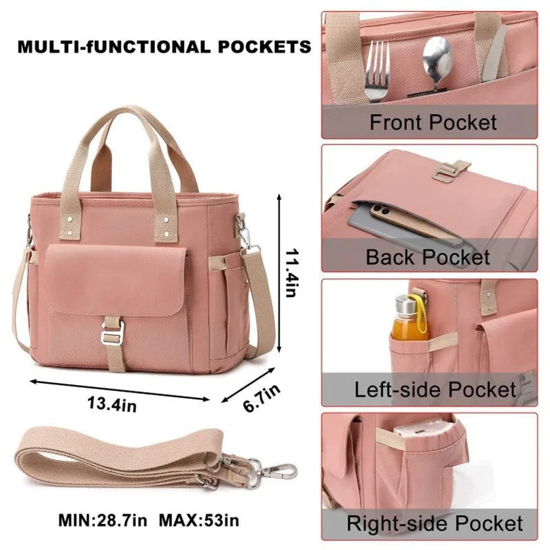 Portable cube-style picnic bag with removable shoulder strap in black, green, or pink colour options