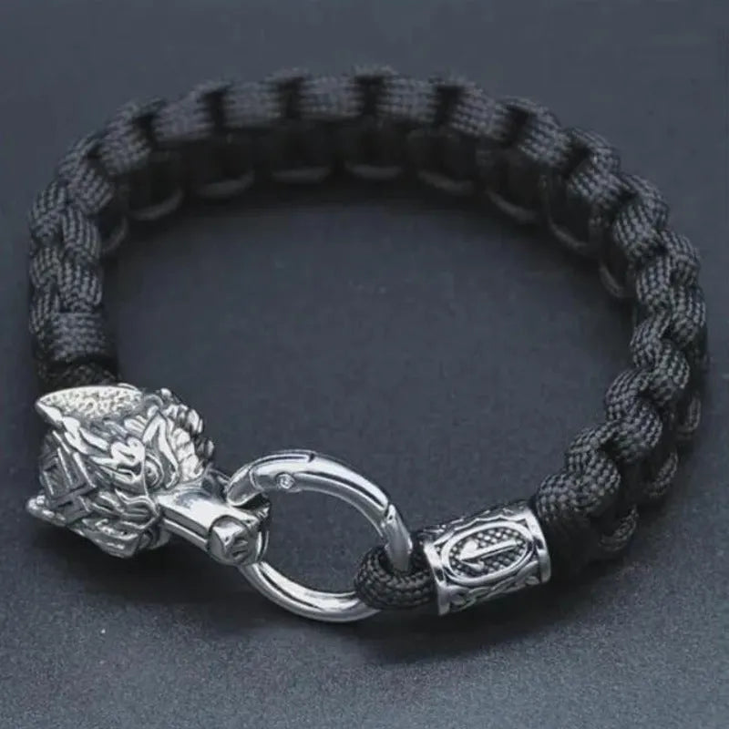 Stainless steel wolf head bracelet with Luen character detailing in camouflage colour