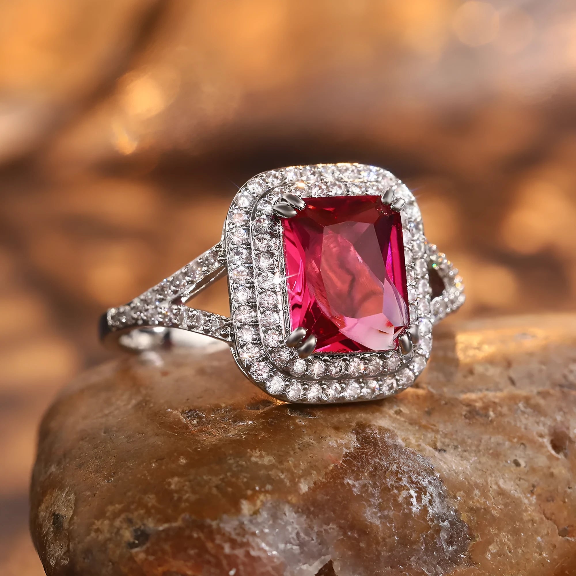 Copper square princess rhinestone ring in F827 Red colour for women with geometric design