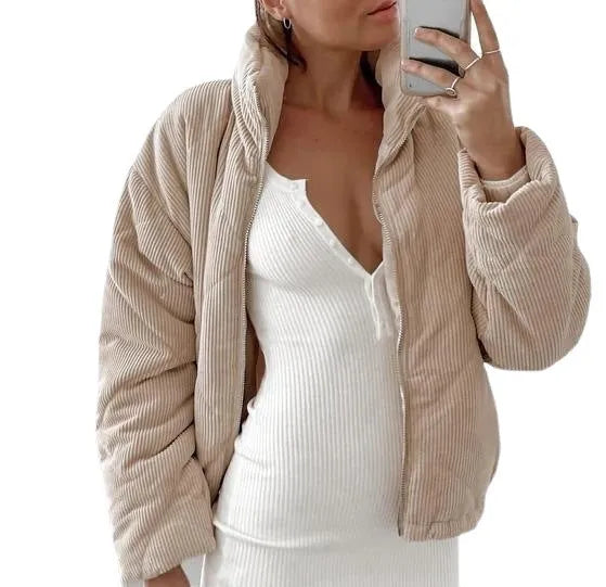 Apricot corduroy womens jacket with stand collar and full-length zipper in street fashion style
