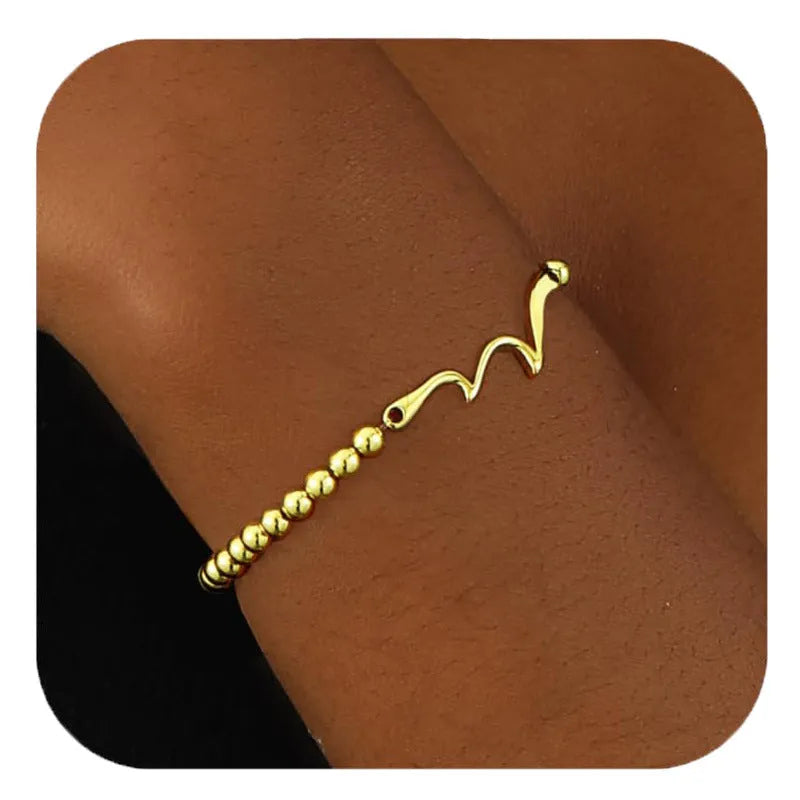 Adjustable stainless steel beaded bracelet showing geometric round beads in electroplated finish
