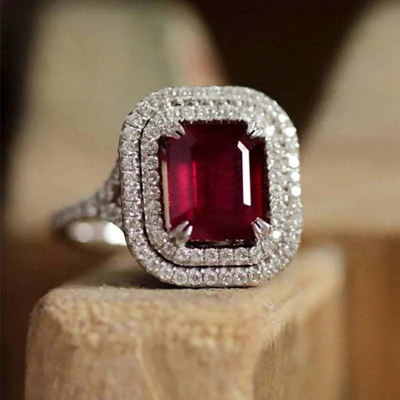 Copper square princess rhinestone ring in F827 Red colour for women with geometric design