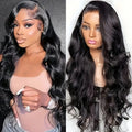 Black chemical fibre wig with big wave texture and lace front construction