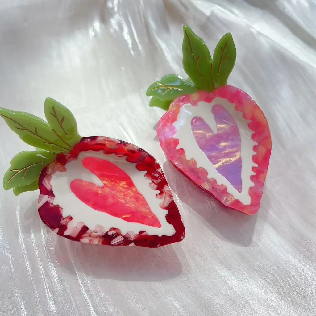 Red and pink pastoral strawberry design girls' hairpin, handcrafted hair clip.